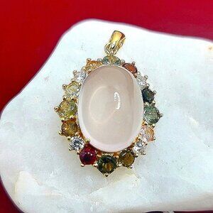 Natural Rose Quartz, Tourmaline & Cubic‎ Zirconia 925 Sterling Silver Pendant